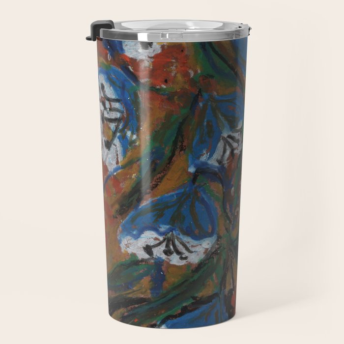 Blue Bell Flowers in Black Basket Whimsical Floral Still Life Folk Art Botanical Painting Travel Mug Gallery Image 3