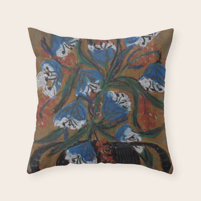 Blue Bell Flowers in Black Basket Whimsical Floral Still Life Folk Art Botanical Painting Throw Pillow Gallery Image 6
