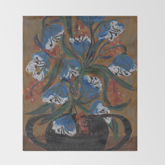 Blue Bell Flowers in Black Basket Whimsical Floral Still Life Folk Art Botanical Painting Throw Blanket Gallery Image 2