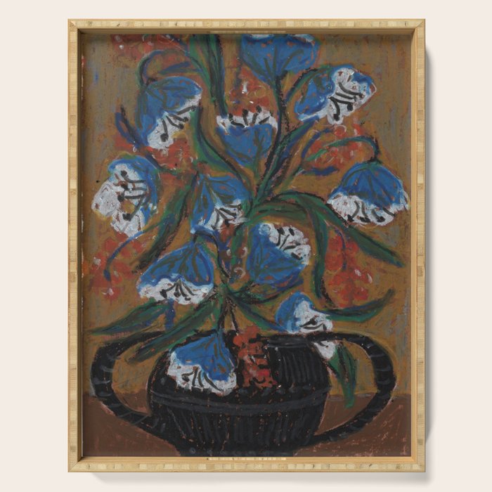 Blue Bell Flowers in Black Basket Whimsical Floral Still Life Folk Art Botanical Painting Serving Tray Gallery Image 1