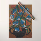 Blue Bell Flowers in Black Basket Whimsical Floral Still Life Folk Art Botanical Painting Wrapping Paper Gallery Image 1