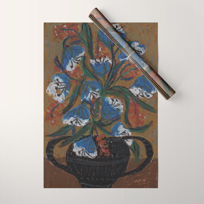 Blue Bell Flowers in Black Basket Whimsical Floral Still Life Folk Art Botanical Painting Wrapping Paper Gallery Image 1