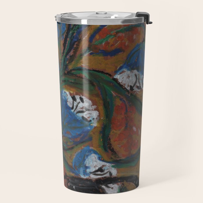 Blue Bell Flowers in Black Basket Whimsical Floral Still Life Folk Art Botanical Painting Travel Mug Gallery Image 2