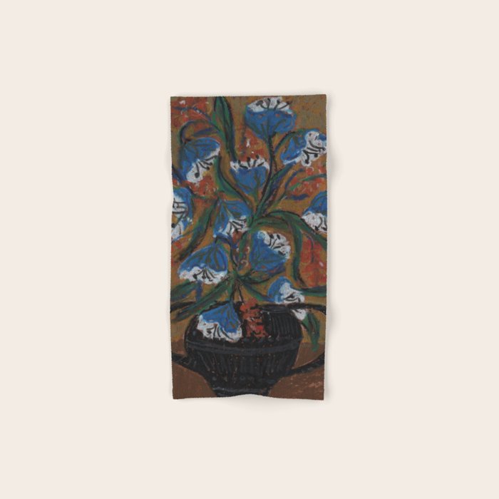 Blue Bell Flowers in Black Basket Whimsical Floral Still Life Folk Art Botanical Painting Bath Towel Gallery Image 1