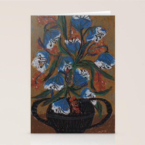Blue Bell Flowers in Black Basket Whimsical Floral Still Life Folk Art Botanical Painting Stationery Card Gallery Image 2