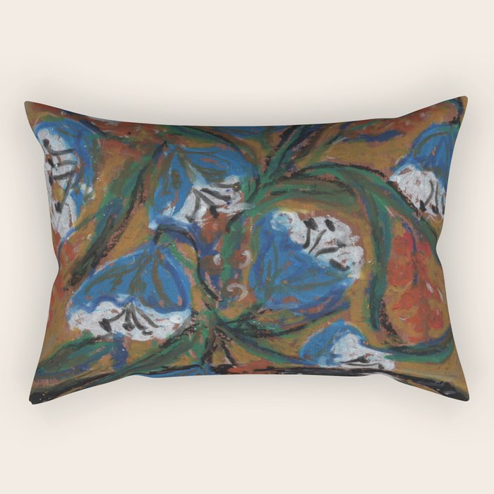 Blue Bell Flowers in Black Basket Whimsical Floral Still Life Folk Art Botanical Painting Rectangular Pillow Gallery Image 1