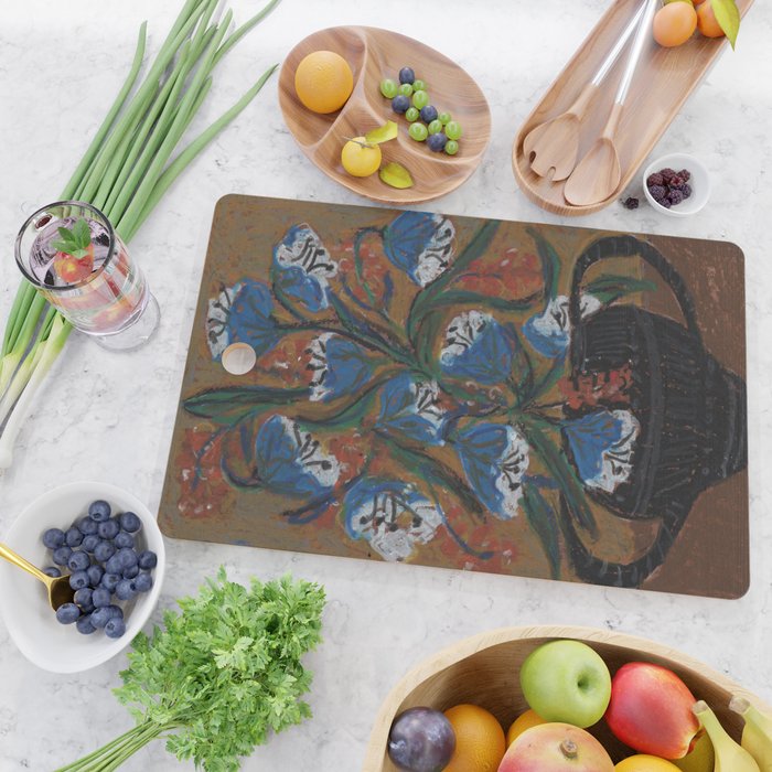 Blue Bell Flowers in Black Basket Whimsical Floral Still Life Folk Art Botanical Painting Cutting Board Gallery Image 2