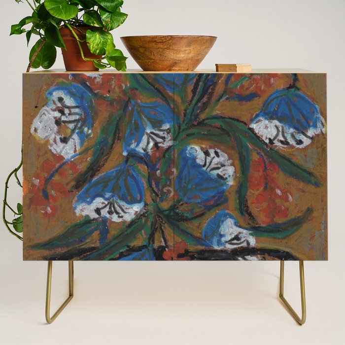 Blue Bell Flowers in Black Basket Whimsical Floral Still Life Folk Art Botanical Painting Credenza Gallery Image 1