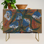 Blue Bell Flowers in Black Basket Whimsical Floral Still Life Folk Art Botanical Painting Credenza Gallery Image 1