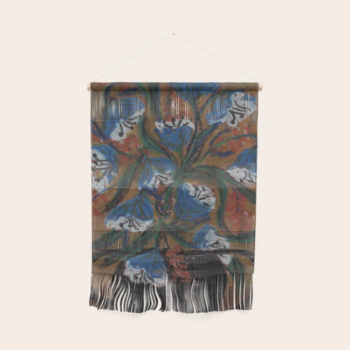 Blue Bell Flowers in Black Basket Whimsical Floral Still Life Folk Art Botanical Painting Wall Hanging Gallery Image 1