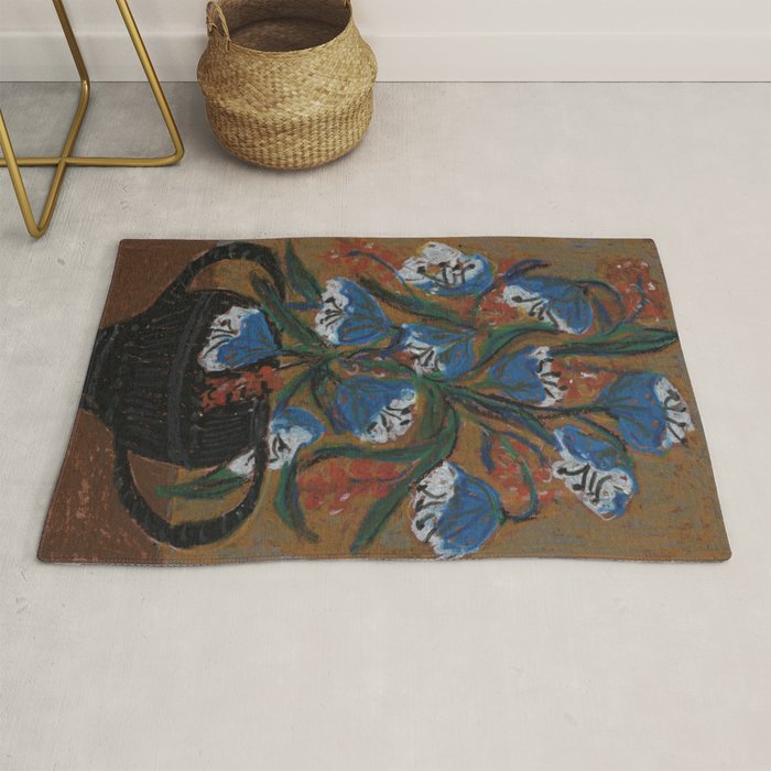 Blue Bell Flowers in Black Basket Whimsical Floral Still Life Folk Art Botanical Painting Rug Gallery Image 1