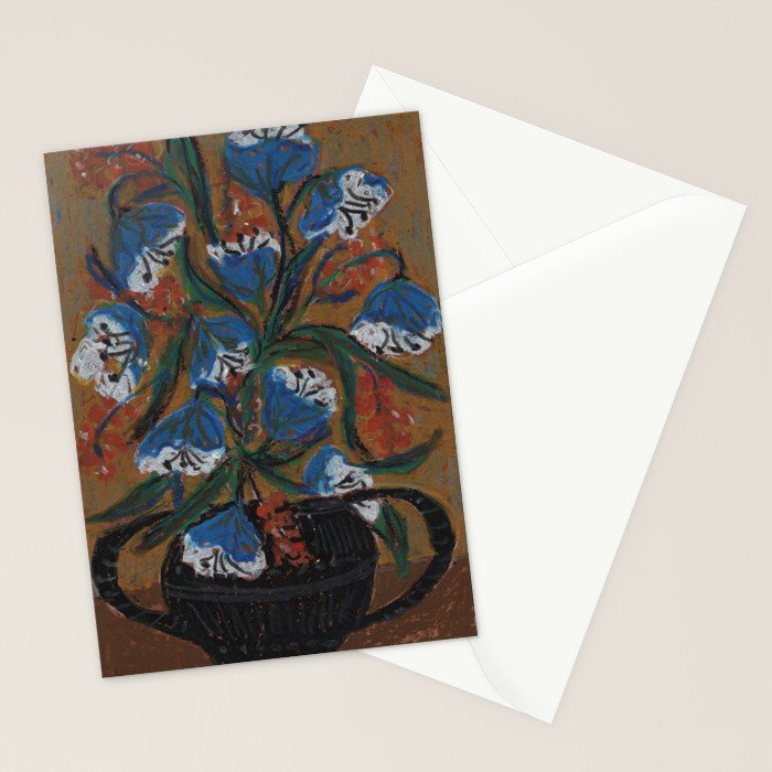 Blue Bell Flowers in Black Basket Whimsical Floral Still Life Folk Art Botanical Painting Stationery Card Gallery Image 2