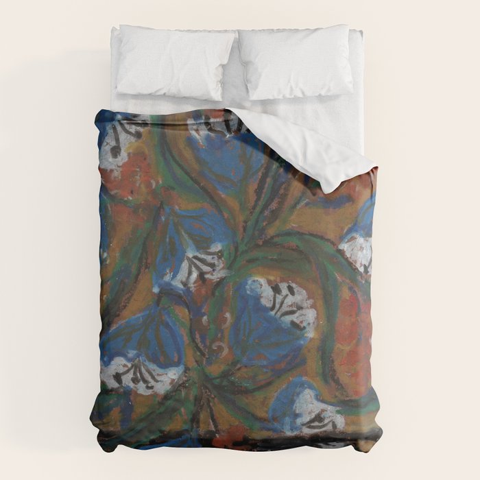 Blue Bell Flowers in Black Basket Whimsical Floral Still Life Folk Art Botanical Painting Duvet Cover Gallery Image 6