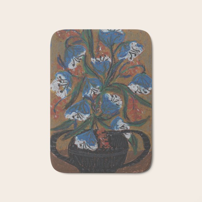 Blue Bell Flowers in Black Basket Whimsical Floral Still Life Folk Art Botanical Painting Bath Mat Gallery Image 1