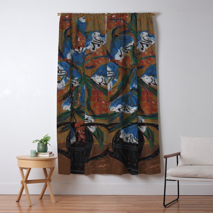 Blue Bell Flowers in Black Basket Whimsical Floral Still Life Folk Art Botanical Painting Window Curtain Gallery Image 1