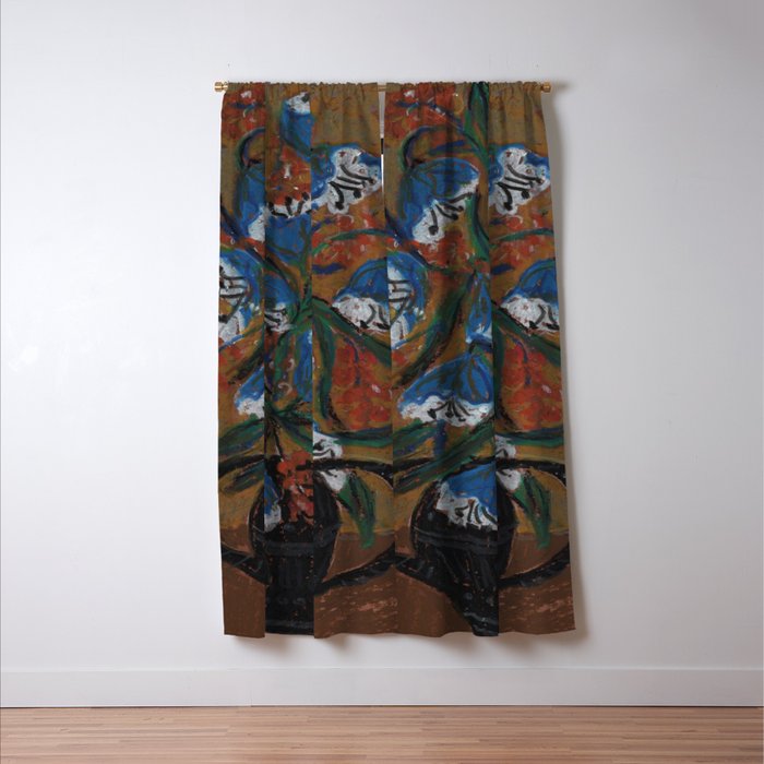 Blue Bell Flowers in Black Basket Whimsical Floral Still Life Folk Art Botanical Painting Window Curtain Gallery Image 3