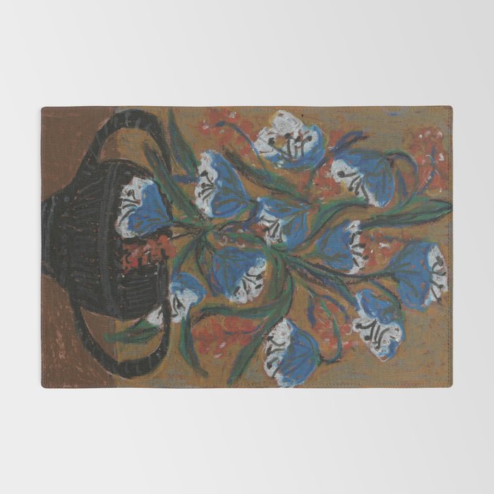 Blue Bell Flowers in Black Basket Whimsical Floral Still Life Folk Art Botanical Painting Rug Gallery Image 2