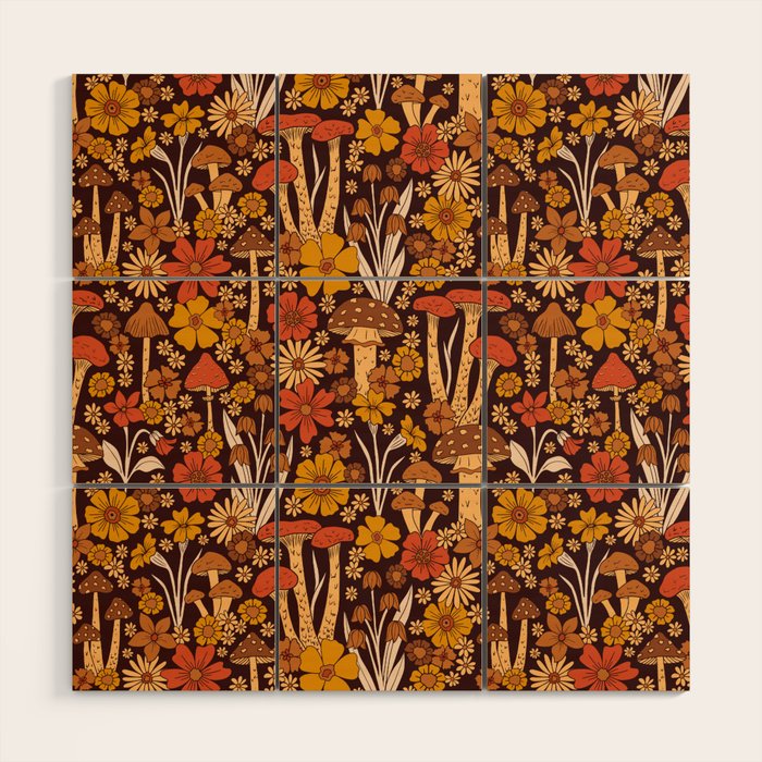 Retro 1970s Brown & Orange Mushrooms & Flowers Wood Wall Art Gallery Image 1