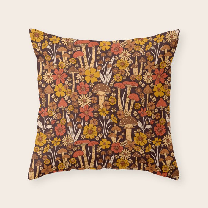 Retro 1970s Brown & Orange Mushrooms & Flowers Throw Pillow Gallery Image 6