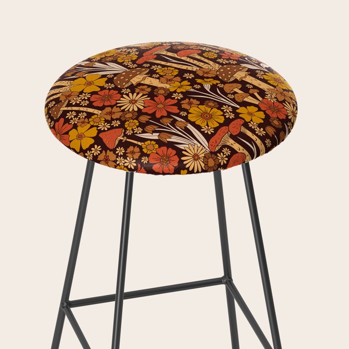 Retro 1970s Brown & Orange Mushrooms & Flowers Stool Gallery Image 2