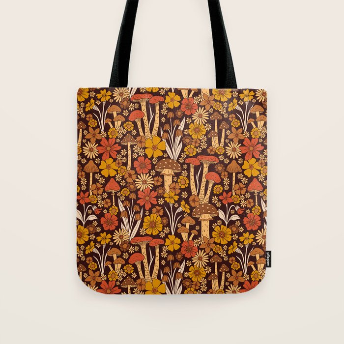 Retro 1970s Brown & Orange Mushrooms & Flowers Tote Bag Gallery Image 1
