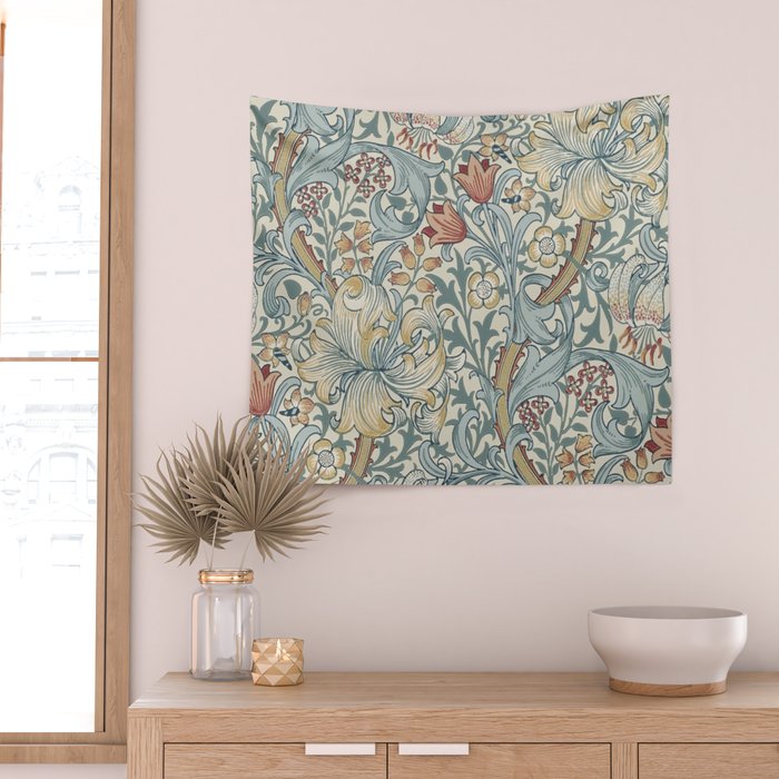 William Morris Vintage Golden Lily Soft Slate & Manilla Wall Tapestry Gallery Image 2