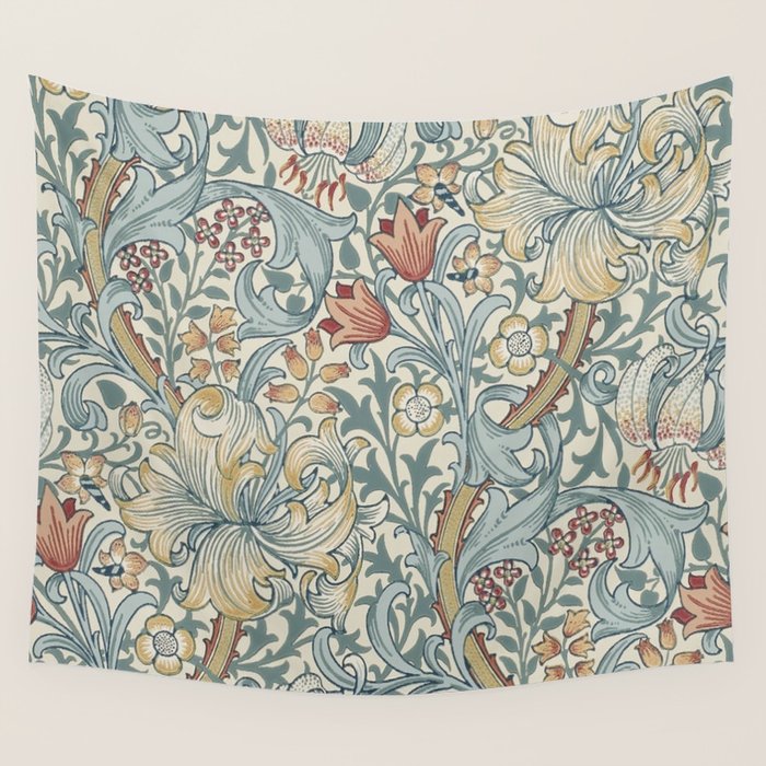William Morris Vintage Golden Lily Soft Slate & Manilla Wall Tapestry Gallery Image 1
