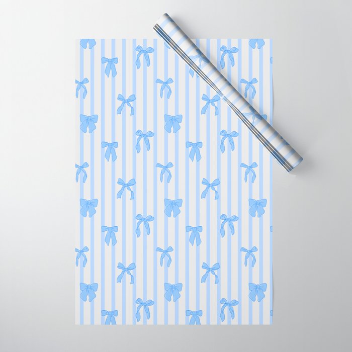 Elegant Blue Bows and Stripes Pattern Wrapping Paper Gallery Image 1