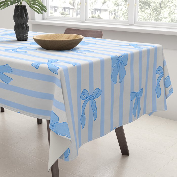 Elegant Blue Bows and Stripes Pattern Tablecloth Gallery Image 3