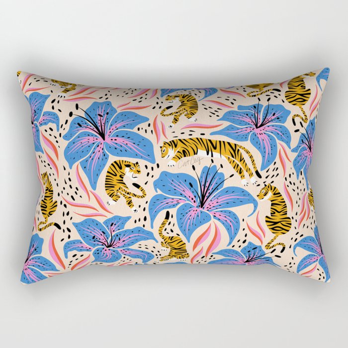 Tigers & Tiger Lilies - Blue & Yellow Rectangular Pillow Gallery Image 1