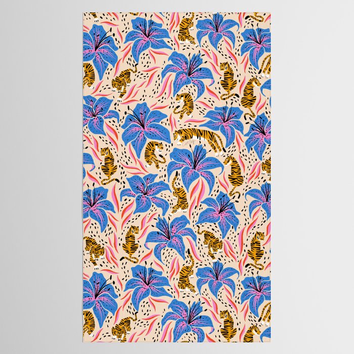 Tigers & Tiger Lilies - Blue & Yellow Tablecloth Gallery Image 2