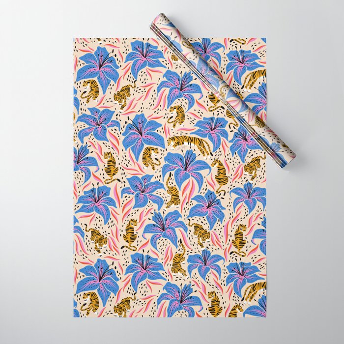Tigers & Tiger Lilies - Blue & Yellow Wrapping Paper Gallery Image 1