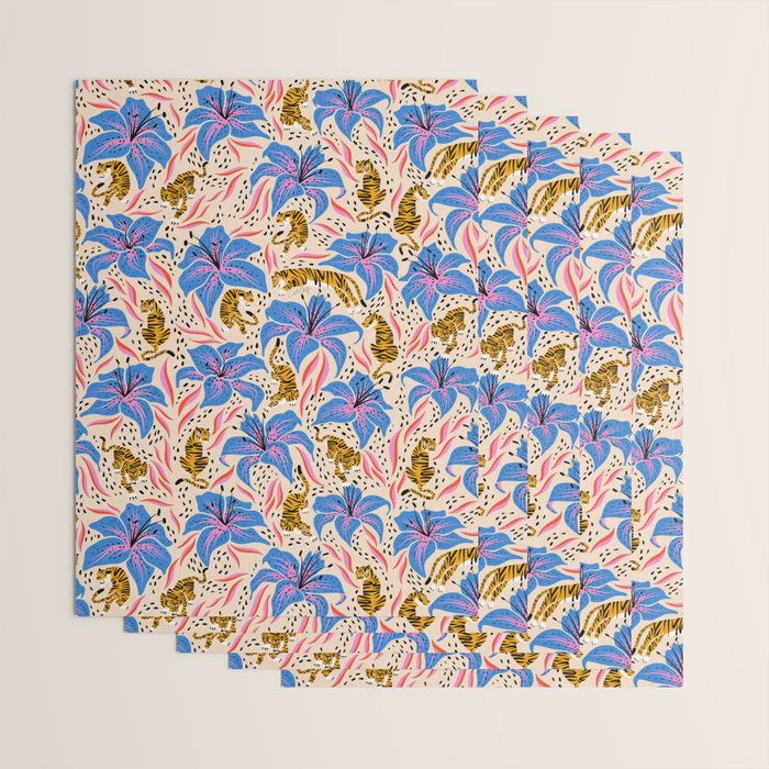 Tigers & Tiger Lilies - Blue & Yellow Wrapping Paper Gallery Image 3