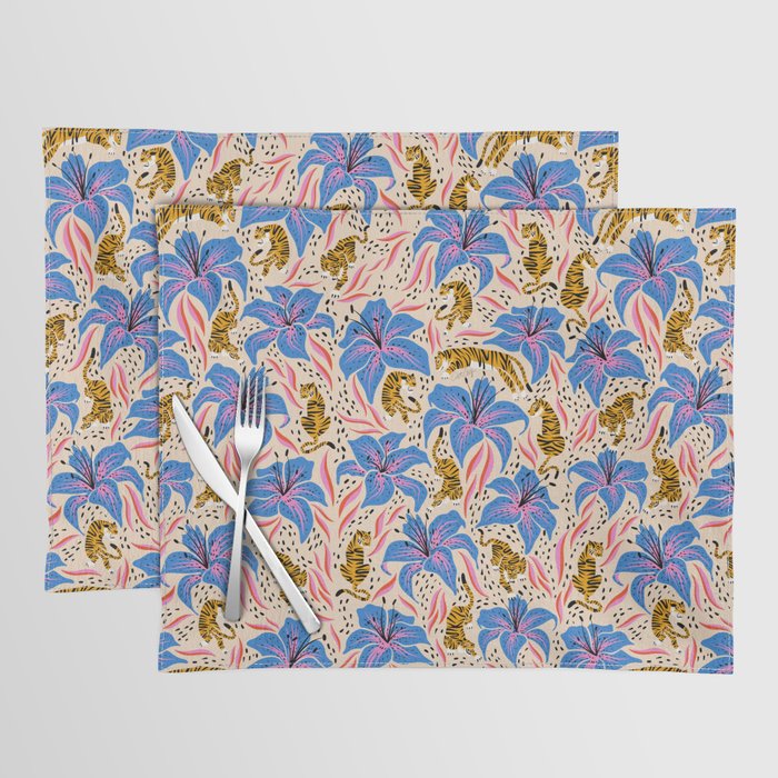 Tigers & Tiger Lilies - Blue & Yellow Placemat Gallery Image 1