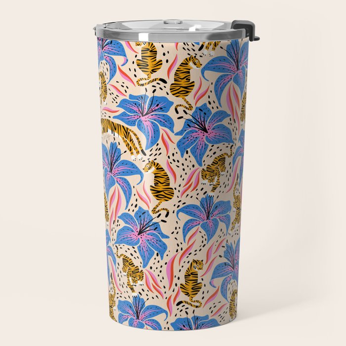 Tigers & Tiger Lilies - Blue & Yellow Travel Mug Gallery Image 2