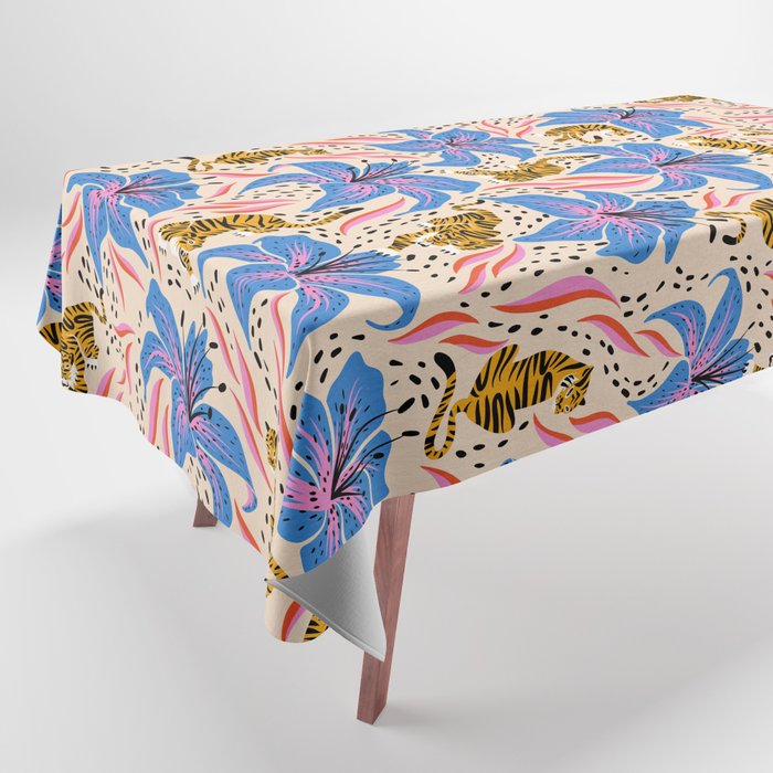 Tigers & Tiger Lilies - Blue & Yellow Tablecloth Gallery Image 1