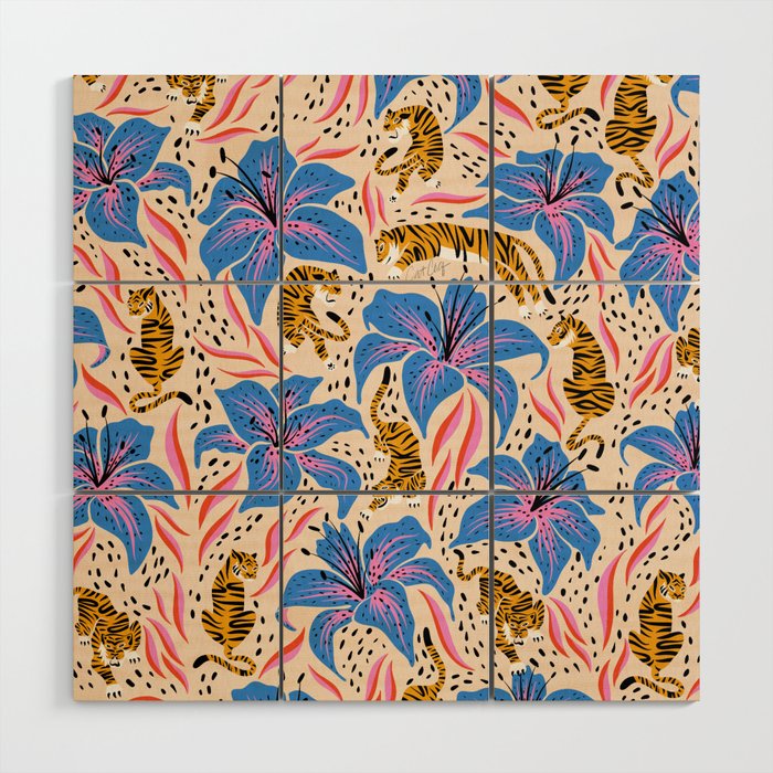 Tigers & Tiger Lilies - Blue & Yellow Wood Wall Art Gallery Image 1