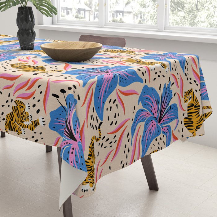 Tigers & Tiger Lilies - Blue & Yellow Tablecloth Gallery Image 3