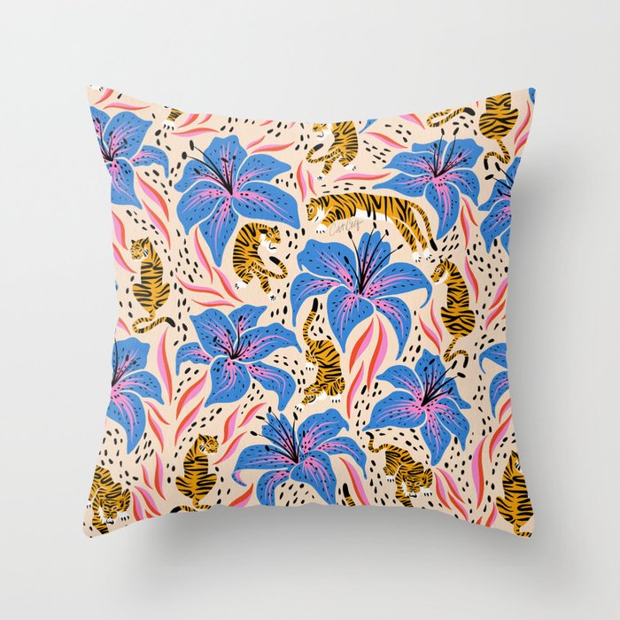 Tigers & Tiger Lilies - Blue & Yellow Throw Pillow Gallery Image 1