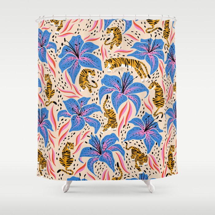 Tigers & Tiger Lilies - Blue & Yellow Shower Curtain Gallery Image 1