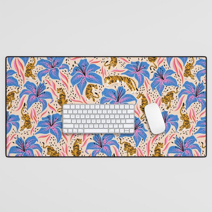 Tigers & Tiger Lilies - Blue & Yellow Desk Mat Gallery Image 1