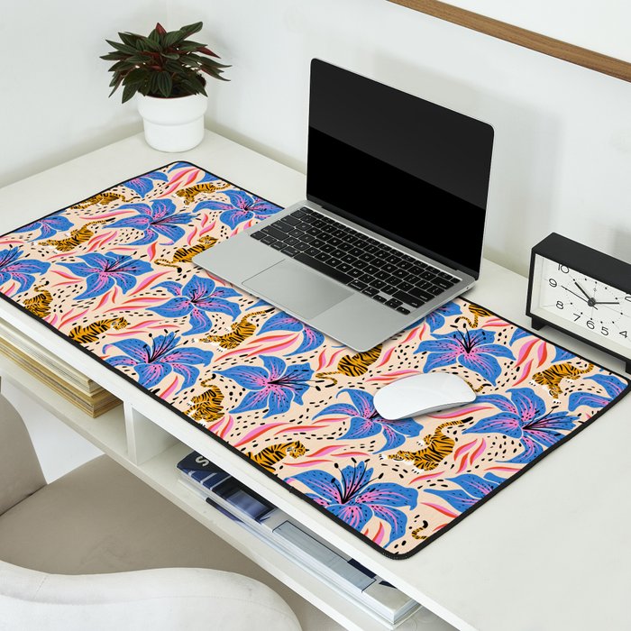Tigers & Tiger Lilies - Blue & Yellow Desk Mat Gallery Image 2