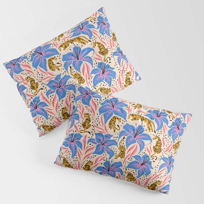 Tigers & Tiger Lilies - Blue & Yellow Pillow Sham Gallery Image 1