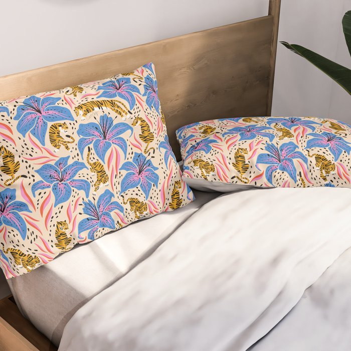 Tigers & Tiger Lilies - Blue & Yellow Pillow Sham Gallery Image 2