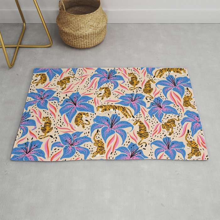 Tigers & Tiger Lilies - Blue & Yellow Rug Gallery Image 1
