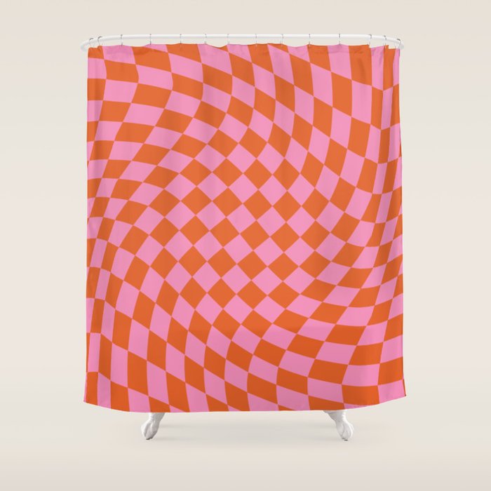 Retro Orange and Pink Checker Shower Curtain Gallery Image 1