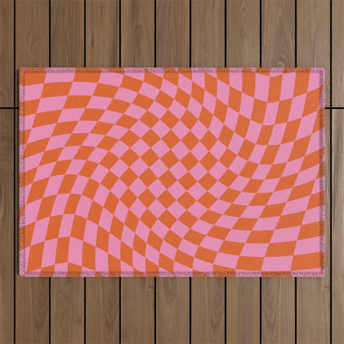 Retro Orange and Pink Checker Outdoor Rug Gallery Image 1