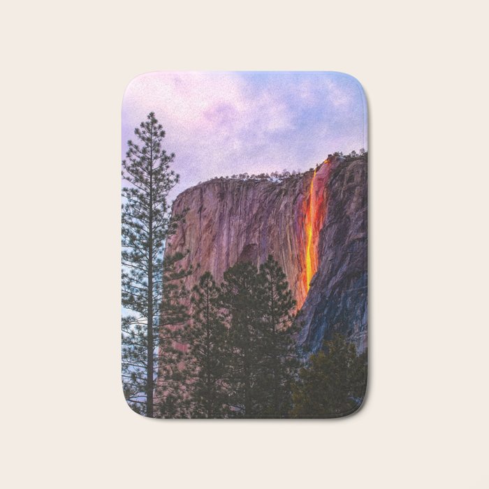Magical Firefall - golden sunlight, on Horsetail Falls in Yosemite National Park photograph print Bath Mat Gallery Image 1