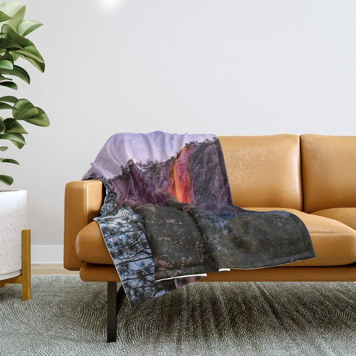 Magical Firefall - golden sunlight, on Horsetail Falls in Yosemite National Park photograph print Throw Blanket Gallery Image 1