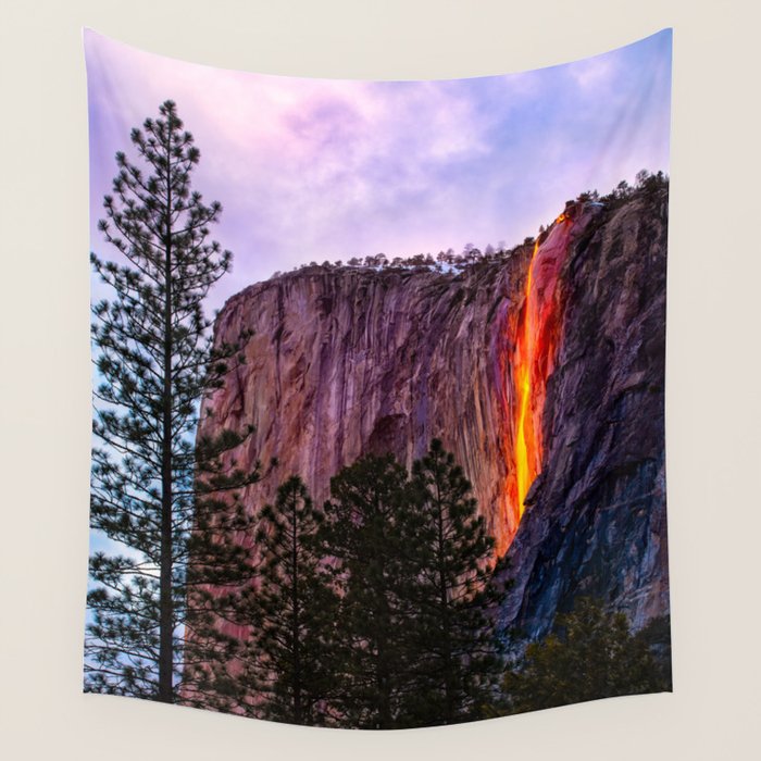 Magical Firefall - golden sunlight, on Horsetail Falls in Yosemite National Park photograph print Wall Tapestry Gallery Image 1